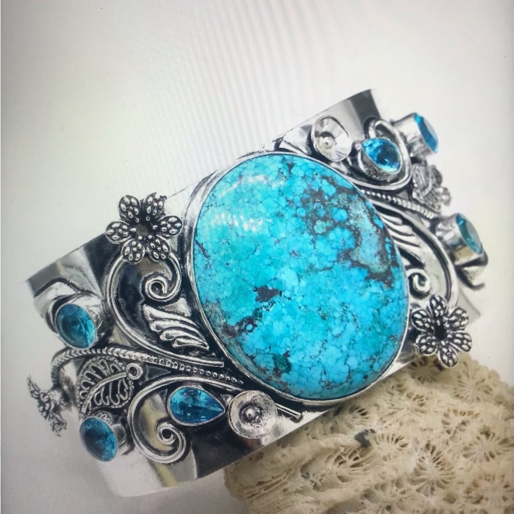Turquoise Blue Topaz Stamped 925 Sterling Silver Cuff Bracelet - Picture 1 of 3